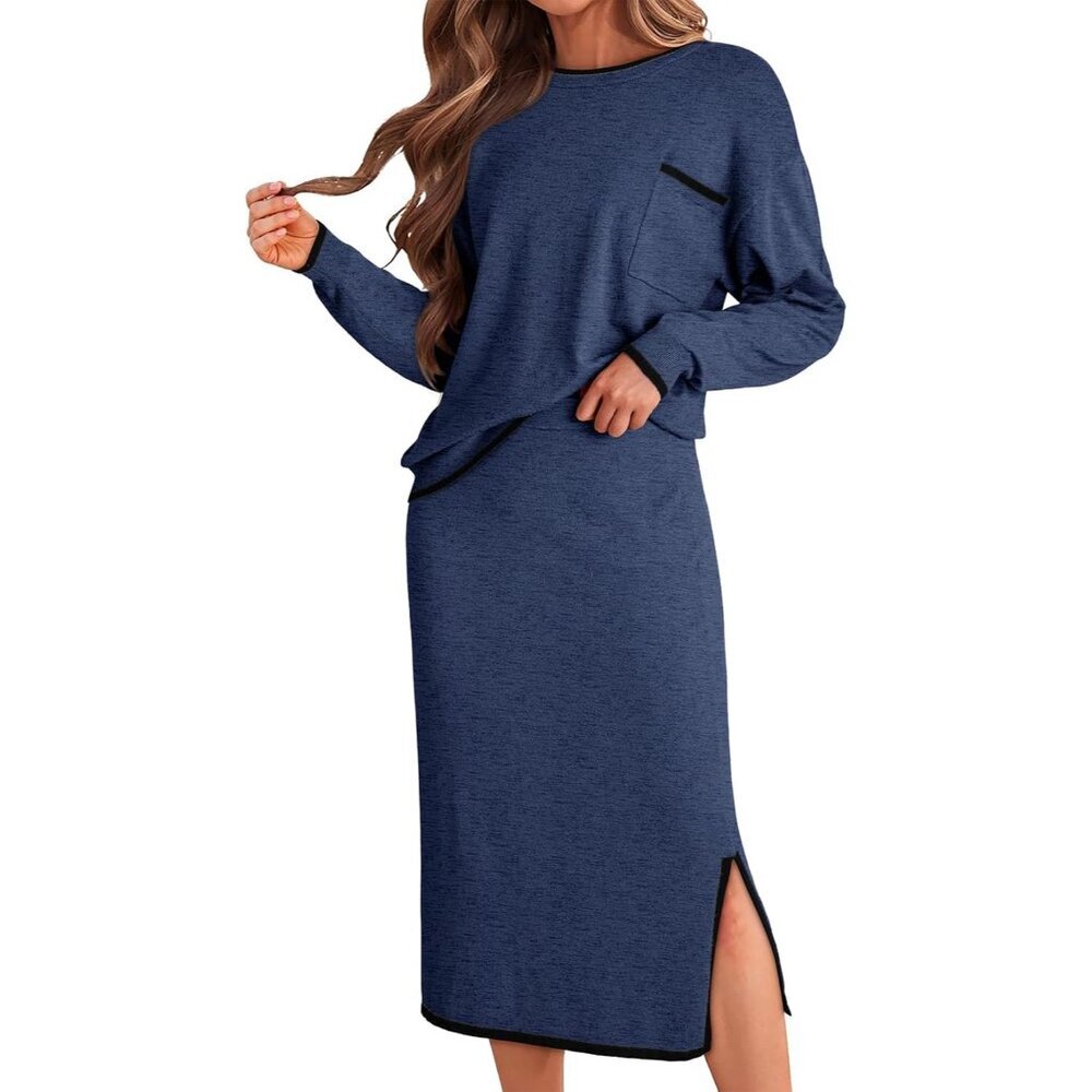 Women 2 Piece Skirt Sets Knit Sweater Midi Skirt Lounge Travel Outfits